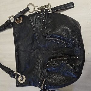 B Makowski Leather Black Harley Charmed Studded Hobo Shoulder Bag Purse Clean